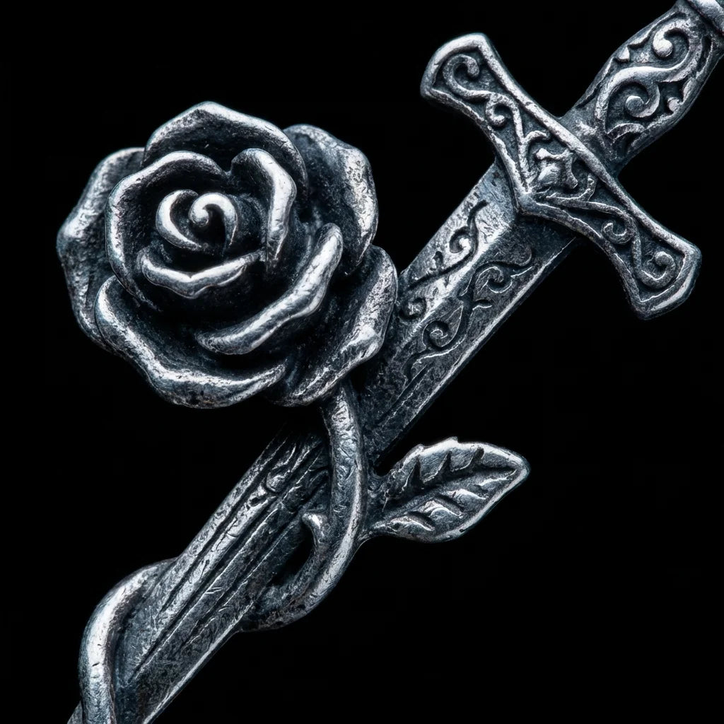 Sword & Rose Gothic Bag Charm - Detail Close-up