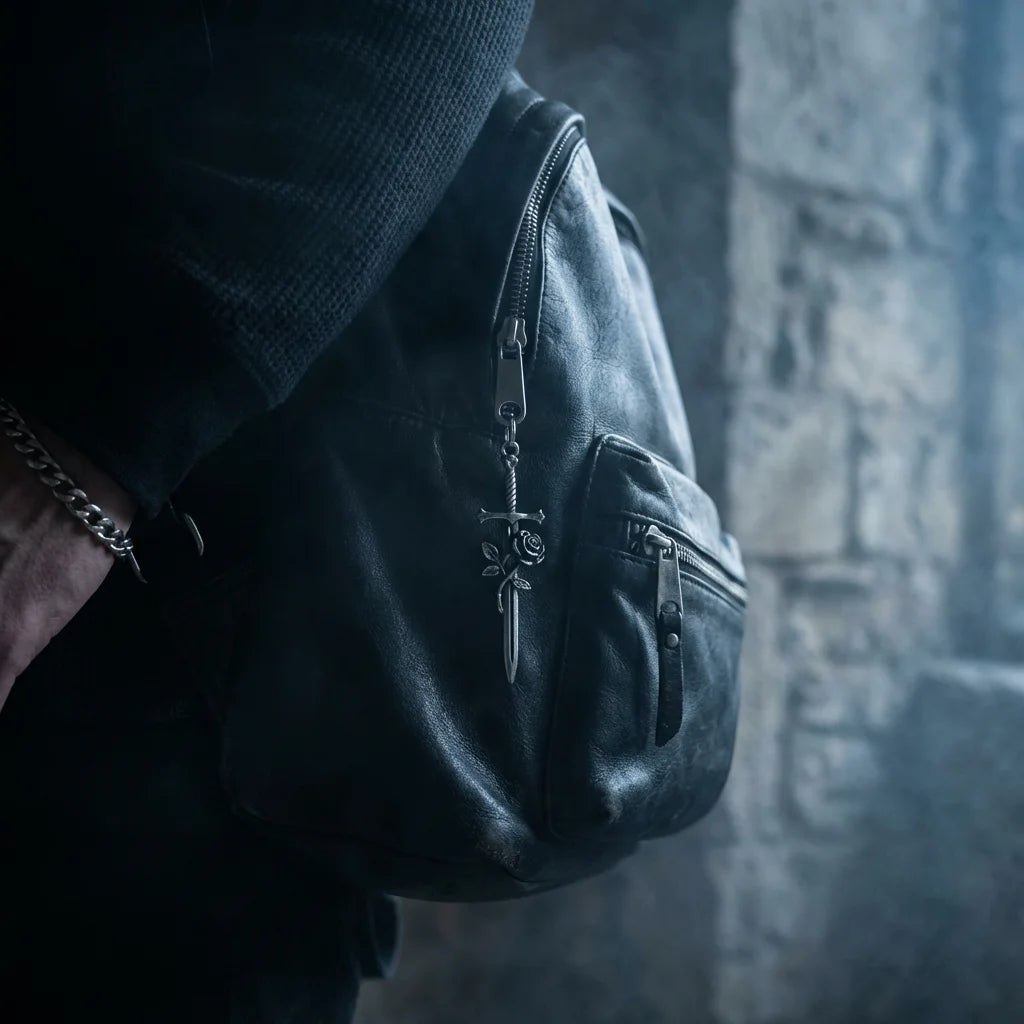Sword & Rose Gothic Bag Charm - Lifestyle Shot