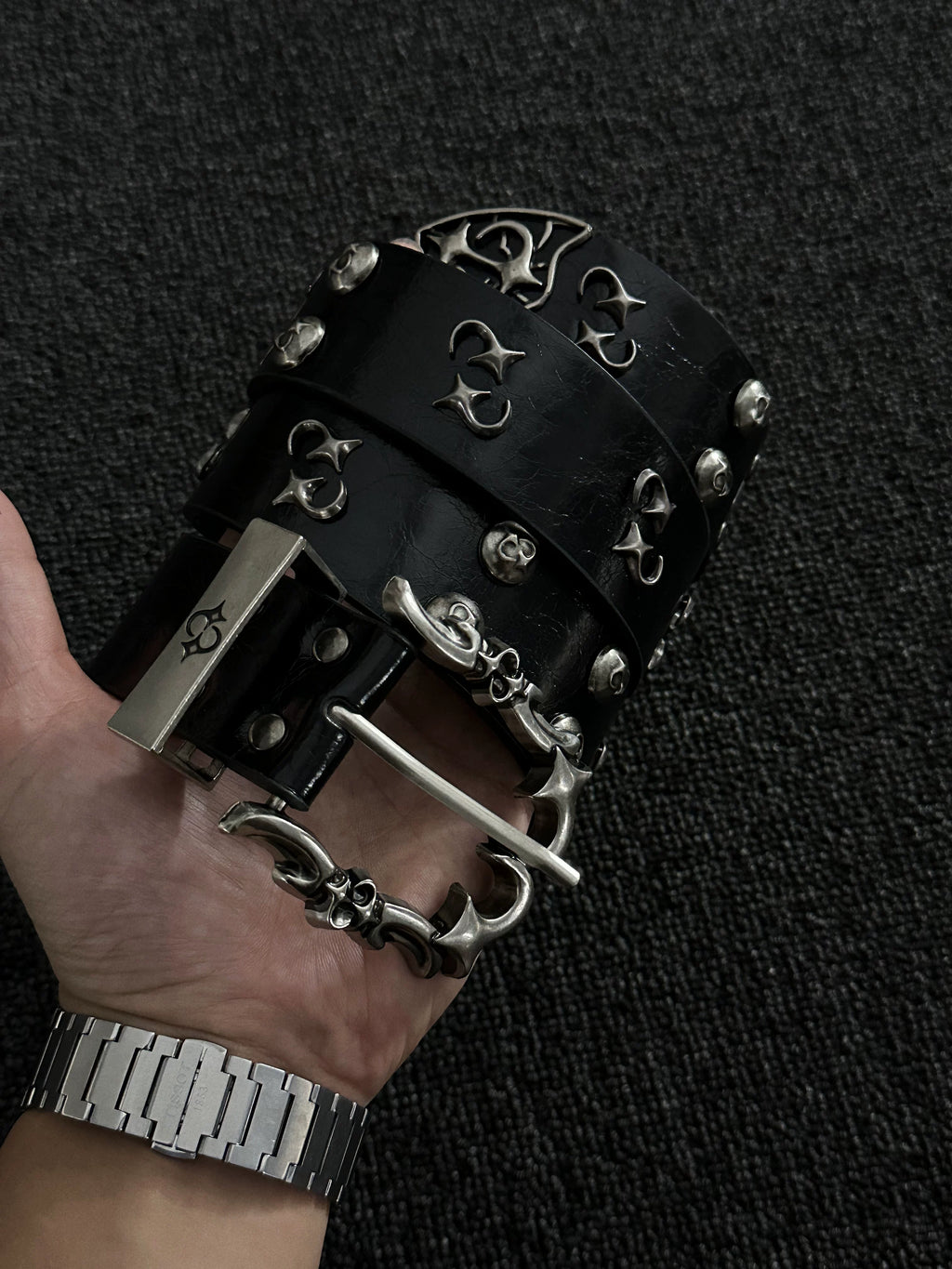 Dark Genuine Leather Punk Belt — Handcrafted Metal Studs